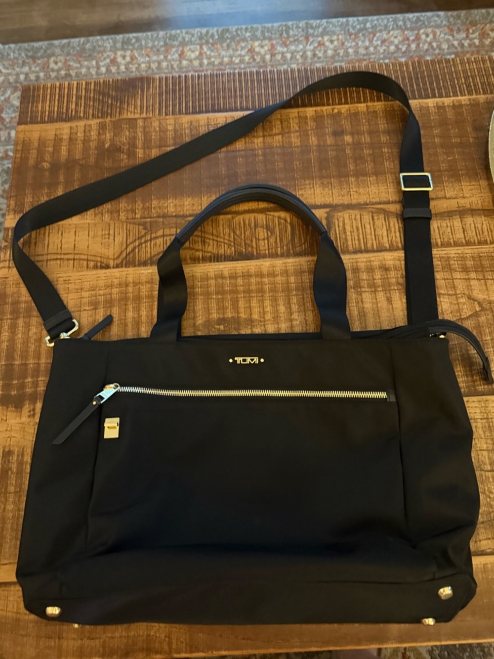 Tumi Black Nylon Tote with Gold Hardware and Adjustable Strap